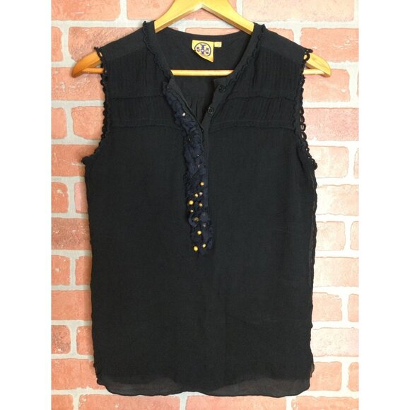 Tory Burch Women Sheer Lined Silk Beaded Sleeveless Blouse Top Black Size 10 - Picture 1 of 6